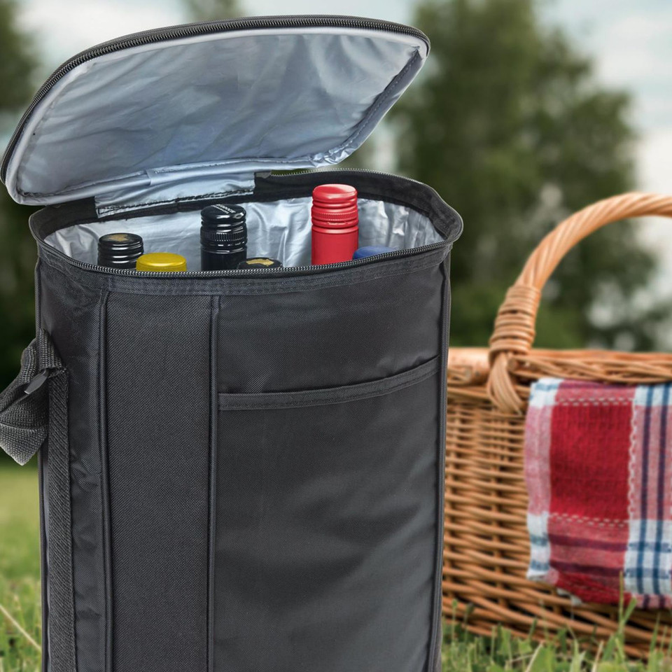 Black insulated cooler bag with silver lining open showing multiple drink bottles and front pocket panel