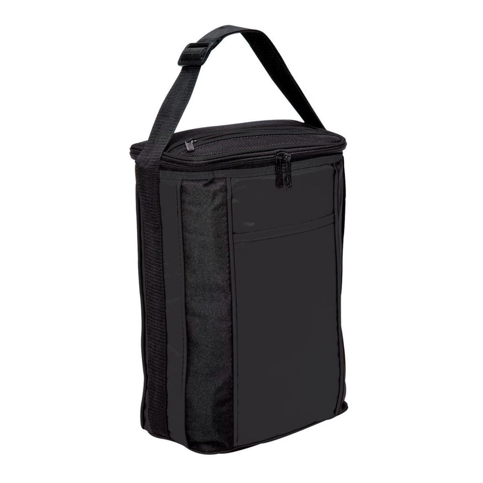 Black insulated cooler bag with top zip closure, adjustable shoulder strap, and mesh side panel