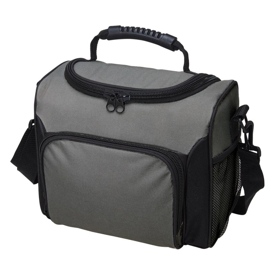 Grey and black insulated cooler bag with padded handle, front pocket, mesh side pocket and adjustable shoulder strap