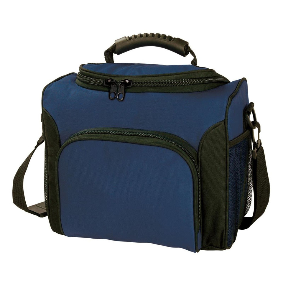 Navy blue and black heavy duty cooler bag with padded handle, front pocket and adjustable shoulder strap
