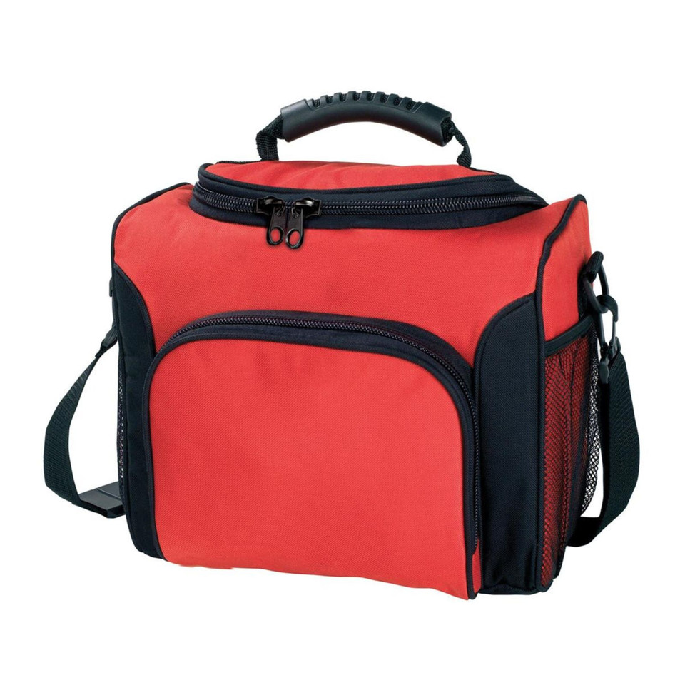 Red cooler bag with black trim, dual zippered compartments, padded carry handle and adjustable shoulder strap