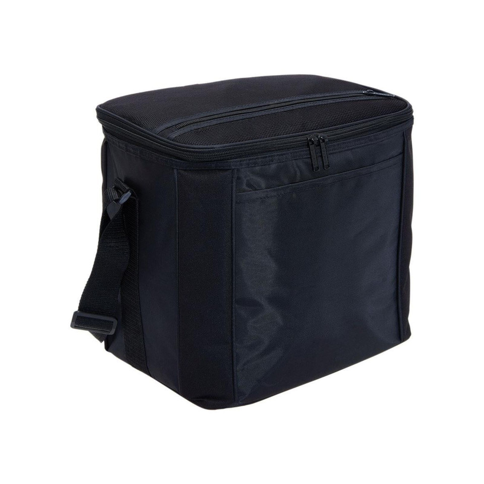 Black large cooler bag with zip lid, front panel pocket and adjustable shoulder strap