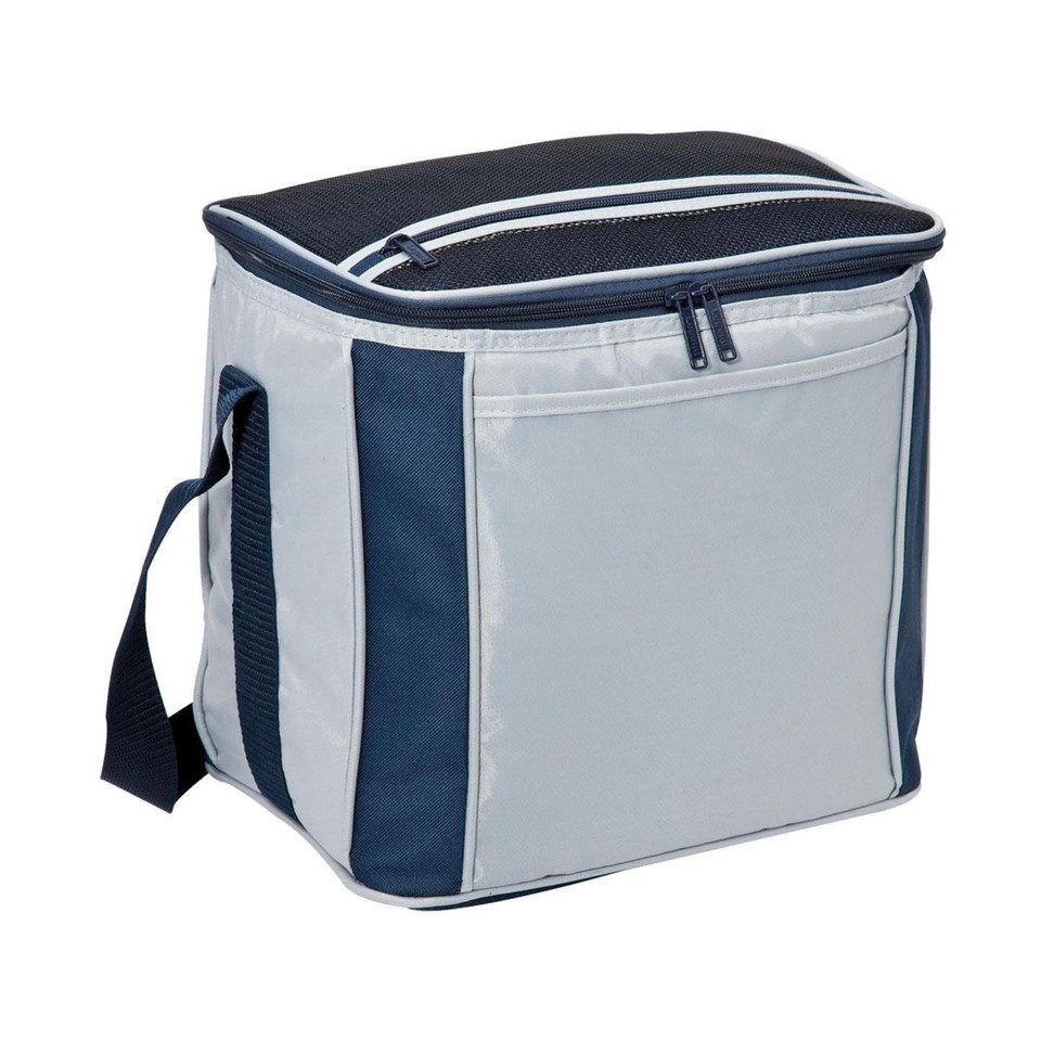 Large silver and navy cooler bag with contrast panels, zip top lid, front pocket, and adjustable navy shoulder strap