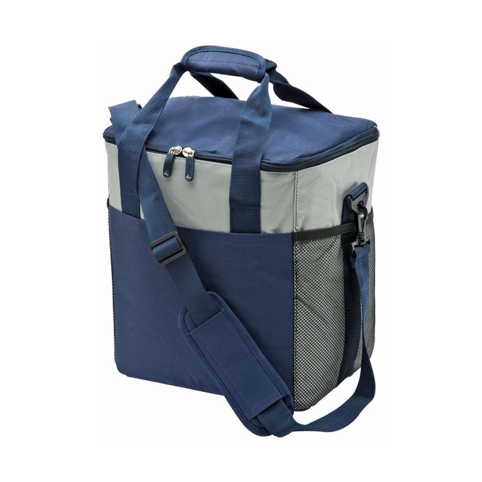 Navy and grey cooler bag with padded shoulder strap, mesh side pocket and top carry handles