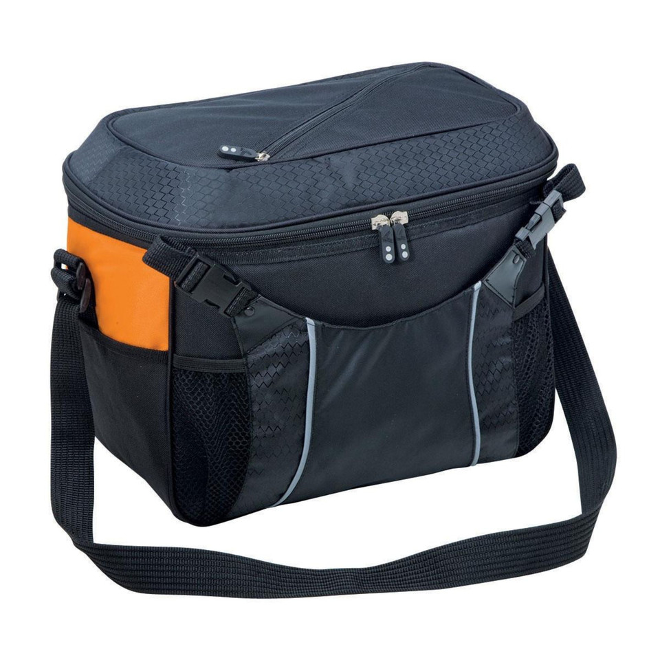 Charcoal and orange cooler bag with adjustable shoulder strap and multiple external pockets