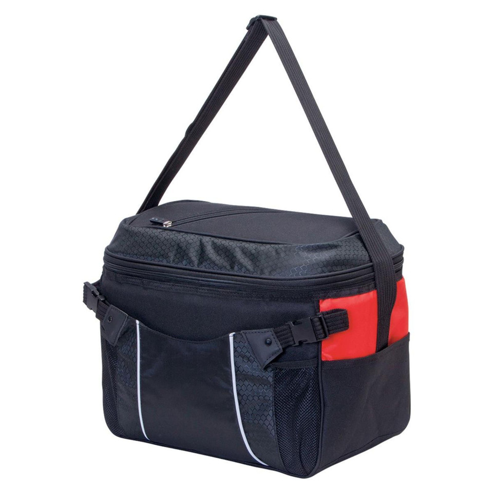 Black insulated cooler bag with red contrast panel, white piping detail and adjustable shoulder strap