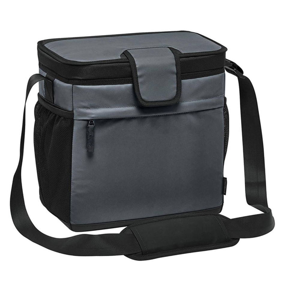 Slate grey and black 16-can cooler bag with front zip pocket, mesh side pocket, and adjustable shoulder strap