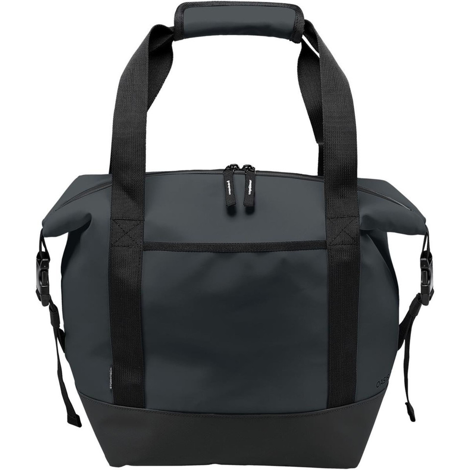 Slate grey waterproof cooler tote with black webbing handles, roll-top zip closure and contrast strap detailing