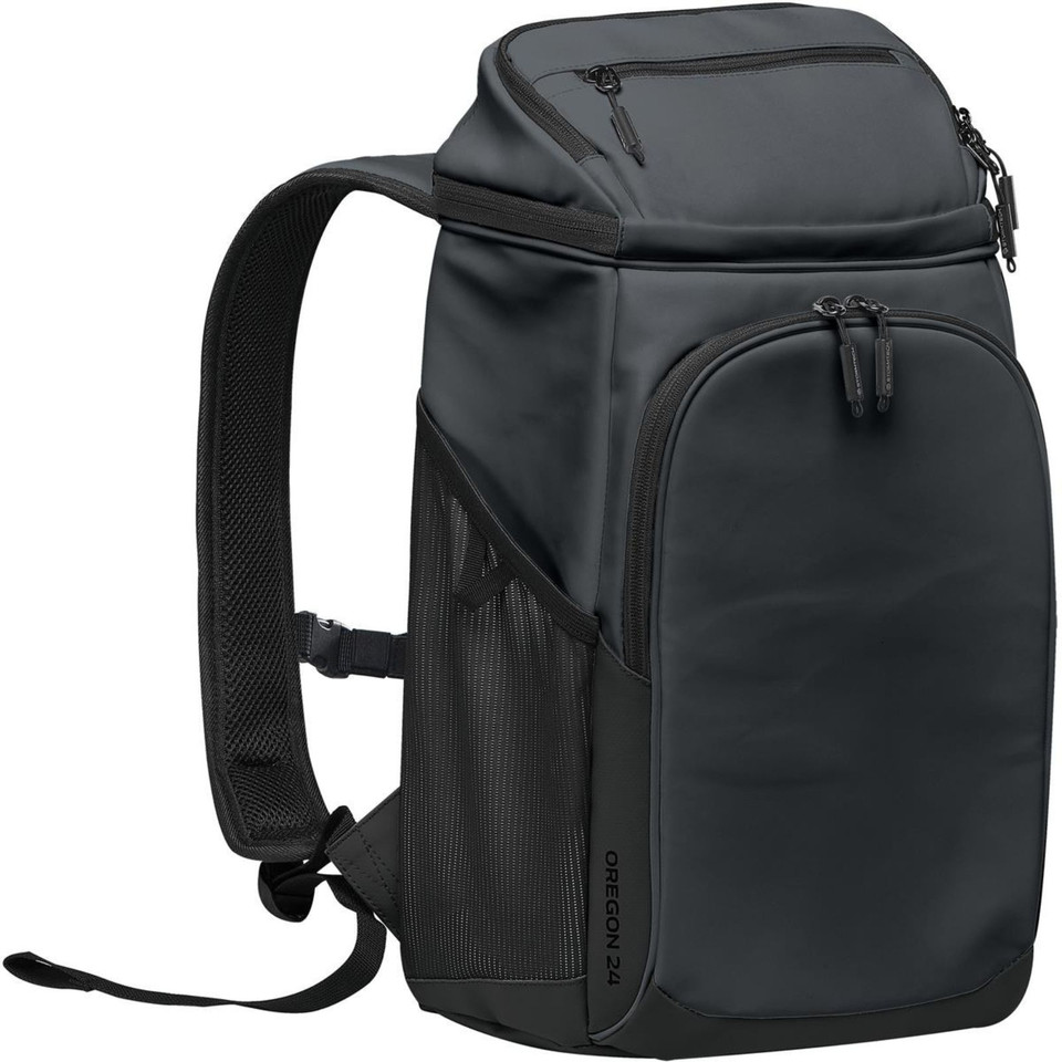 Charcoal grey waterproof cooler backpack with zip top lid, front zip pocket, and mesh side pocket