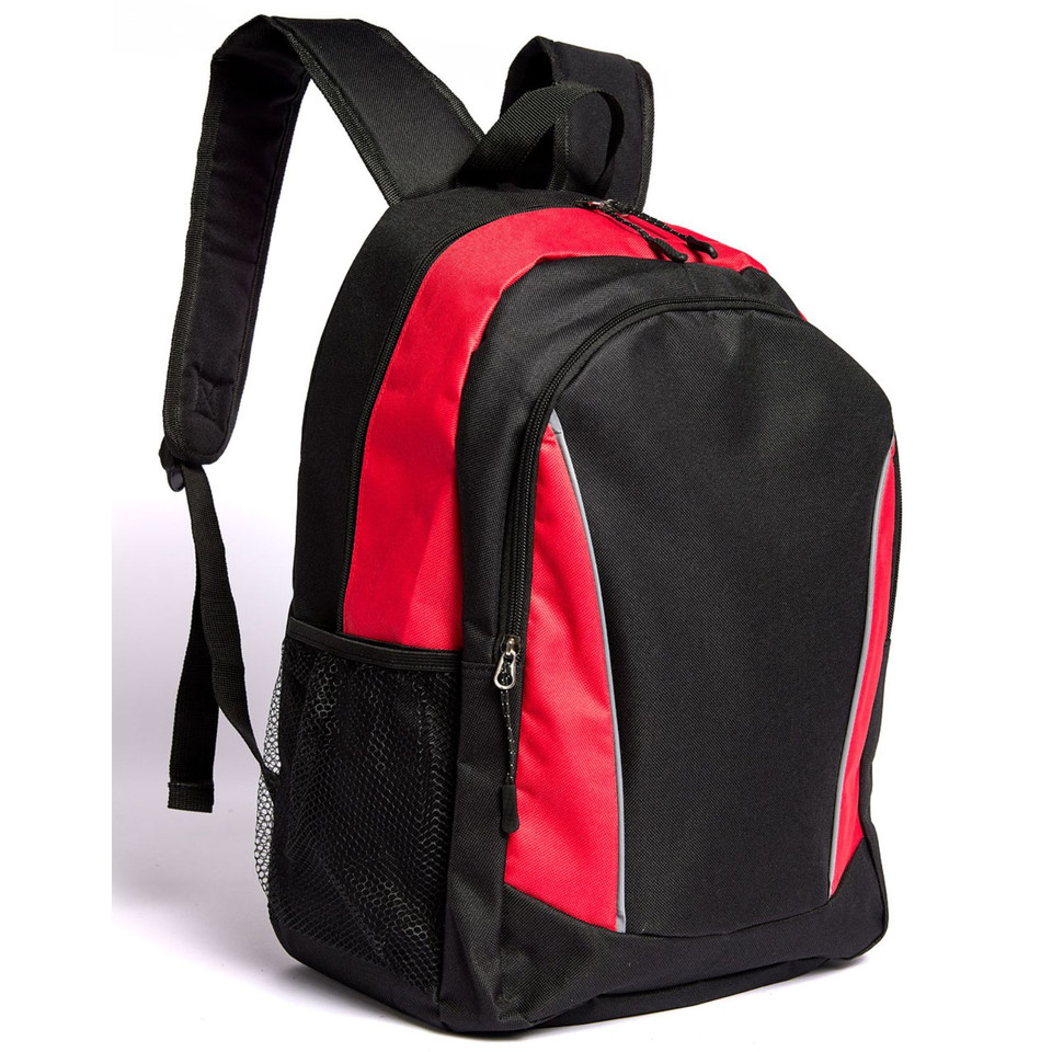 Black/Red ICONIK Structured Backpack featuring high-visibility reflective piping, a durable ergonomic design, and multiple compartments for laptop and school or office essentials.