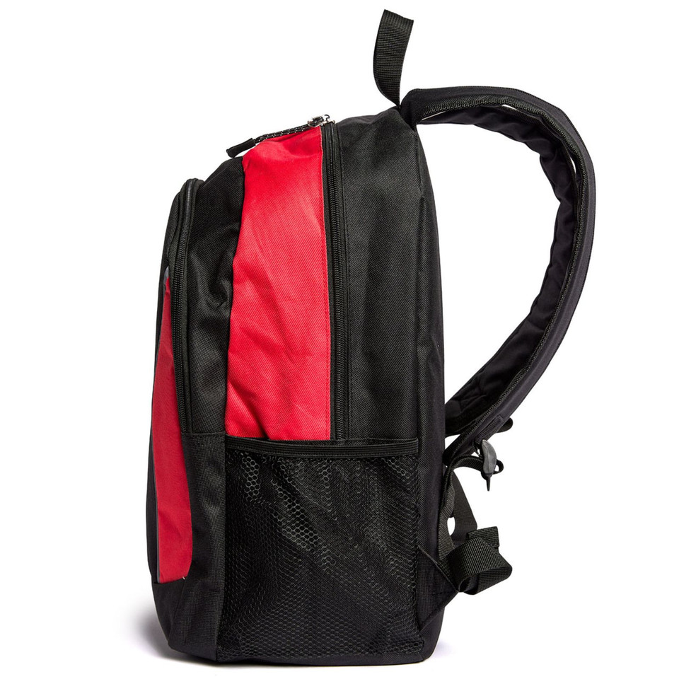 Black/Red ICONIK Structured Backpack featuring high-visibility reflective piping, a durable ergonomic design, and multiple compartments for laptop and school or office essentials.