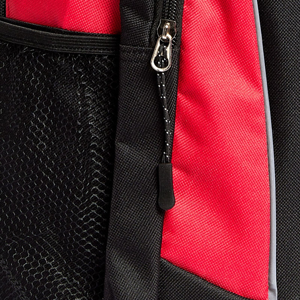 Black/Red ICONIK Structured Backpack featuring high-visibility reflective piping, a durable ergonomic design, and multiple compartments for laptop and school or office essentials.