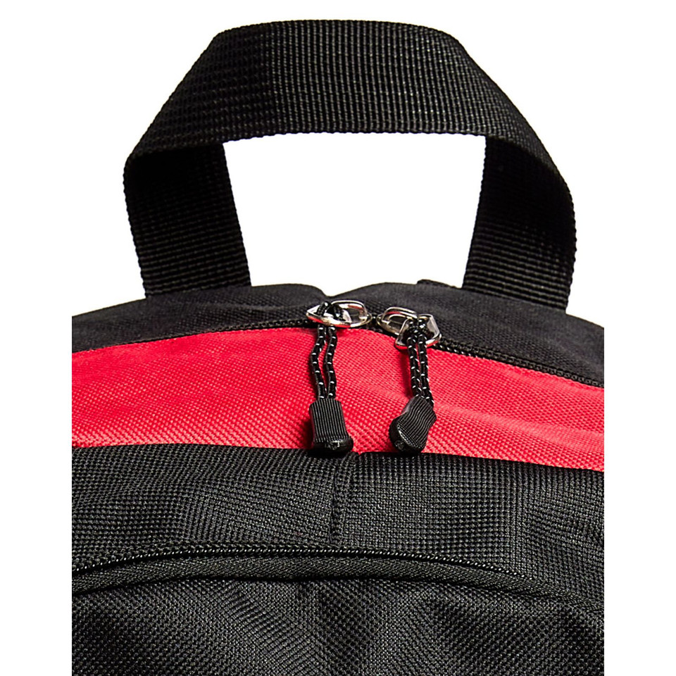 Black/Red ICONIK Structured Backpack featuring high-visibility reflective piping, a durable ergonomic design, and multiple compartments for laptop and school or office essentials.