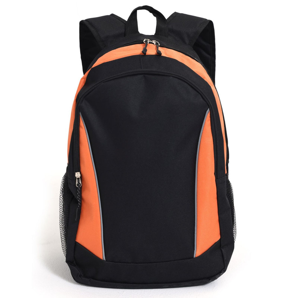 Black/Orange ICONIK Structured Backpack featuring high-visibility reflective piping, a durable ergonomic design, and multiple compartments for laptop and school or office essentials.