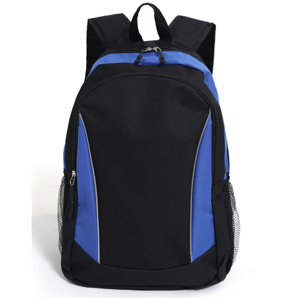 Black/Royal Blue ICONIK Structured Backpack featuring high-visibility reflective piping, a durable ergonomic design, and multiple compartments for laptop and school or office essentials.