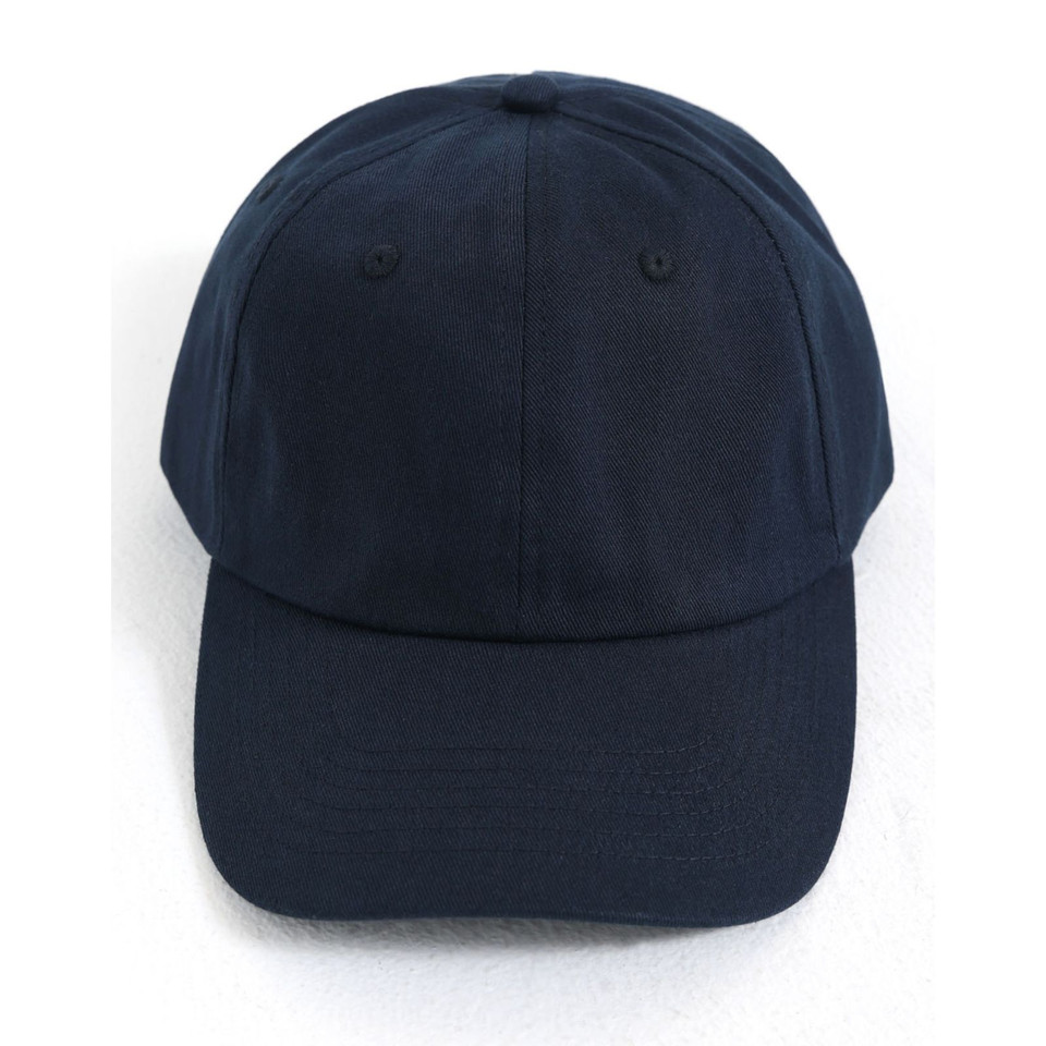 Navy unstructured cotton twill cap with curved brim and six embroidered eyelets