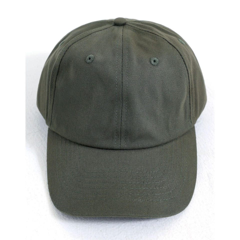 Olive green unstructured cotton twill cap with curved brim and six-panel construction