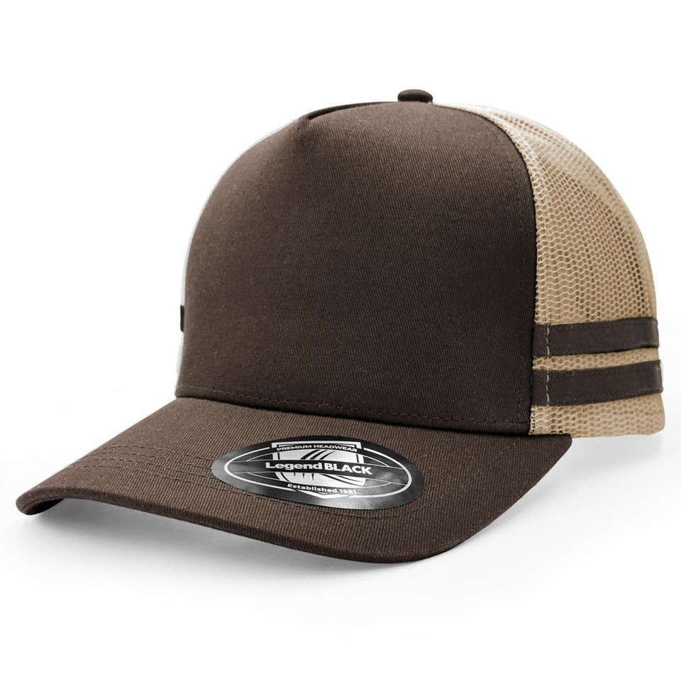 Premium 5-panel Cotton Twill Striped Trucker Cap by Lion. Features a breathable mesh back and adjustable snapback closure for wholesale or blank custom branding. - Brown/Khaki/Brown/Brown