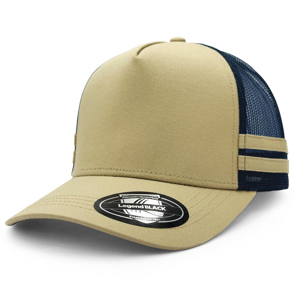 Premium 5-panel Cotton Twill Striped Trucker Cap by Lion. Features a breathable mesh back and adjustable snapback closure for wholesale or blank custom branding. - Khaki/Navy/Khaki/Khaki