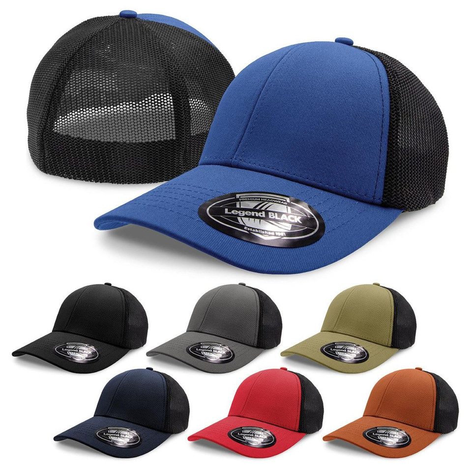 Royal blue and black mesh trucker cap with structured front panels, flat brim, shown in 7 colourways including charcoal, olive, red and rust
