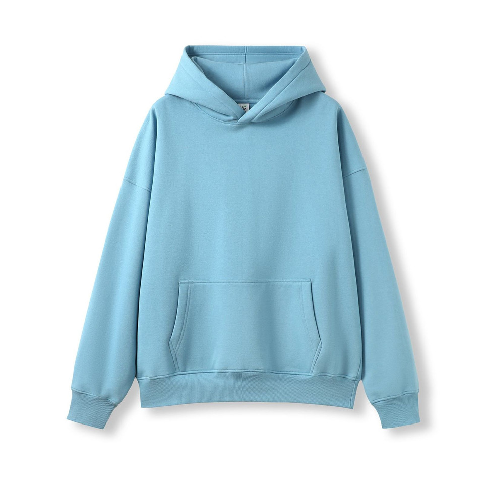 Sky blue oversized hoodie with kangaroo pocket and ribbed cuffs, front view showing roomy fit
