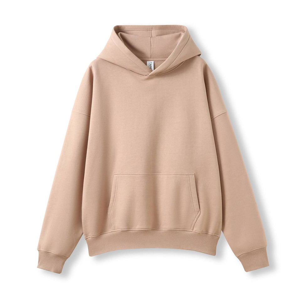 Sand beige oversized cotton hoodie with kangaroo pocket and ribbed cuffs, flat lay front view