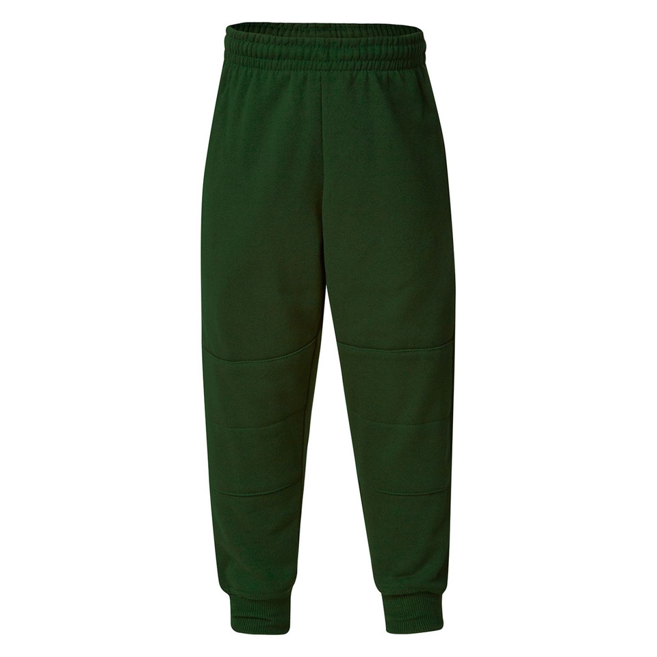Forest green fleece trackpants with reinforced double knee panels and elasticated cuffs