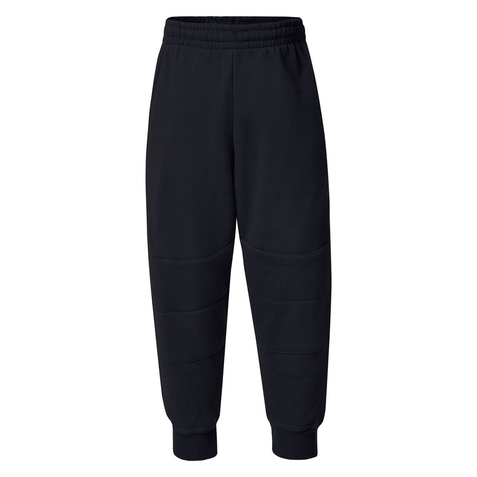 Black fleece trackpants with reinforced double knee panels and elasticated cuffs