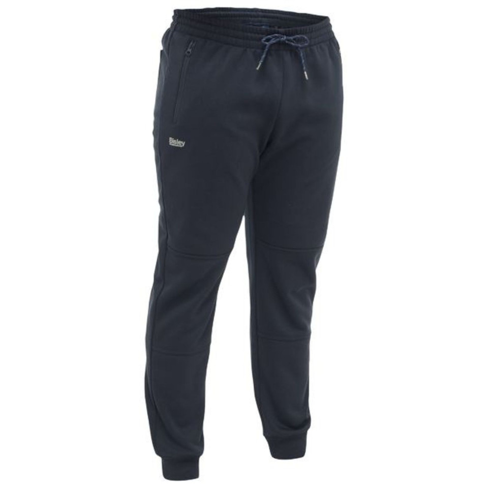 Navy fleece track pants with elasticated waist, drawstring, zip pockets, knee panels and ribbed cuffs