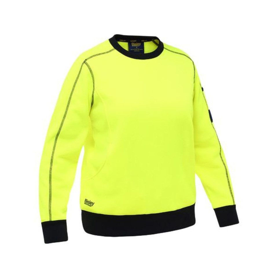 Hi-vis yellow fleece crew neck jumper with black contrast trim on collar, cuffs and hem