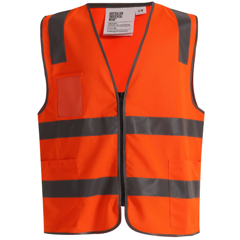 Orange high-visibility safety vest with grey reflective tape, front zip closure, chest pocket and ID holder