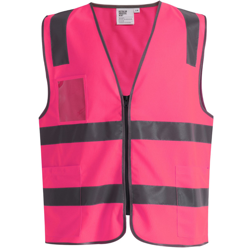 Hot pink hi-vis safety vest with grey reflective tape, front zip, ID holder pocket and utility pockets