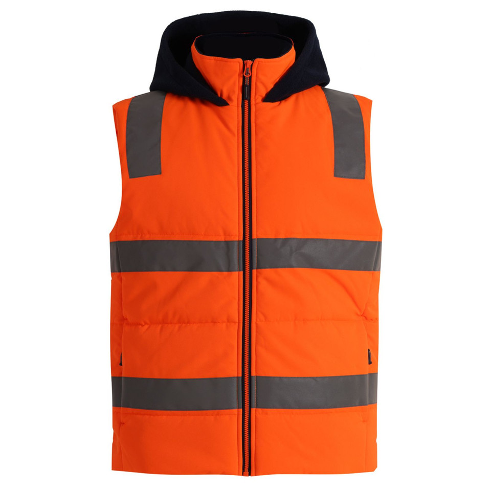 Fluorescent orange puffer vest with black hood, grey reflective tape stripes and shoulder panels, centre zip