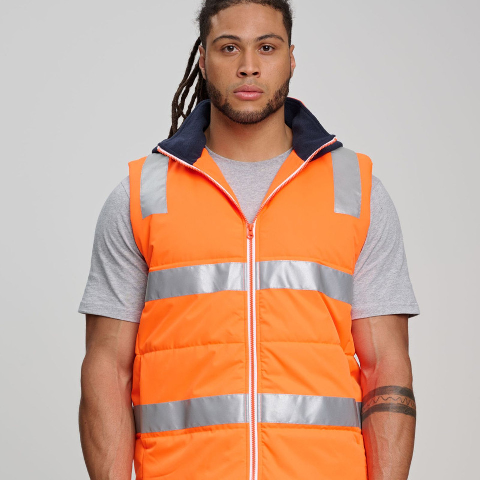 Fluorescent orange puffer vest with silver reflective tape stripes and navy hood with detachable hood