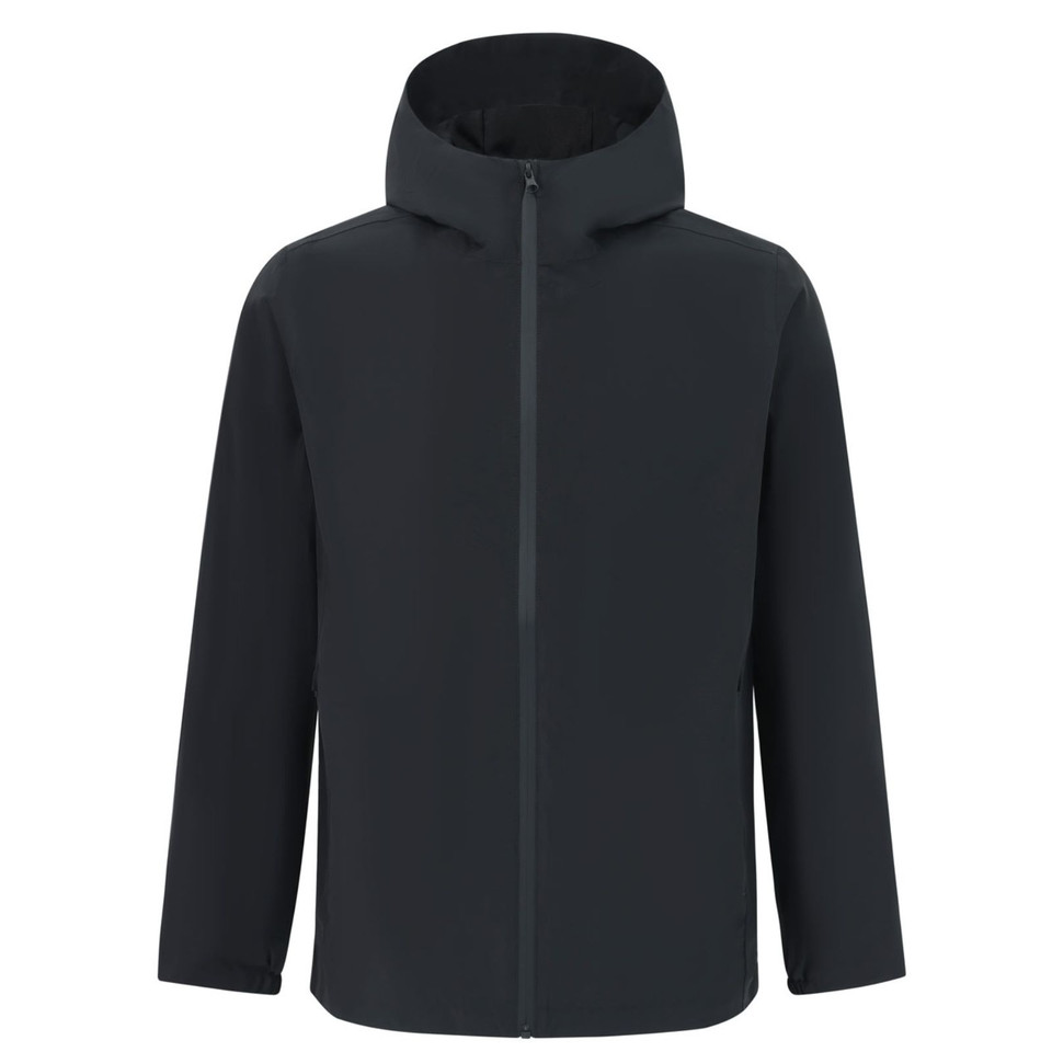 Charcoal grey hooded waterproof jacket with full-length zip and contrast zipper tape
