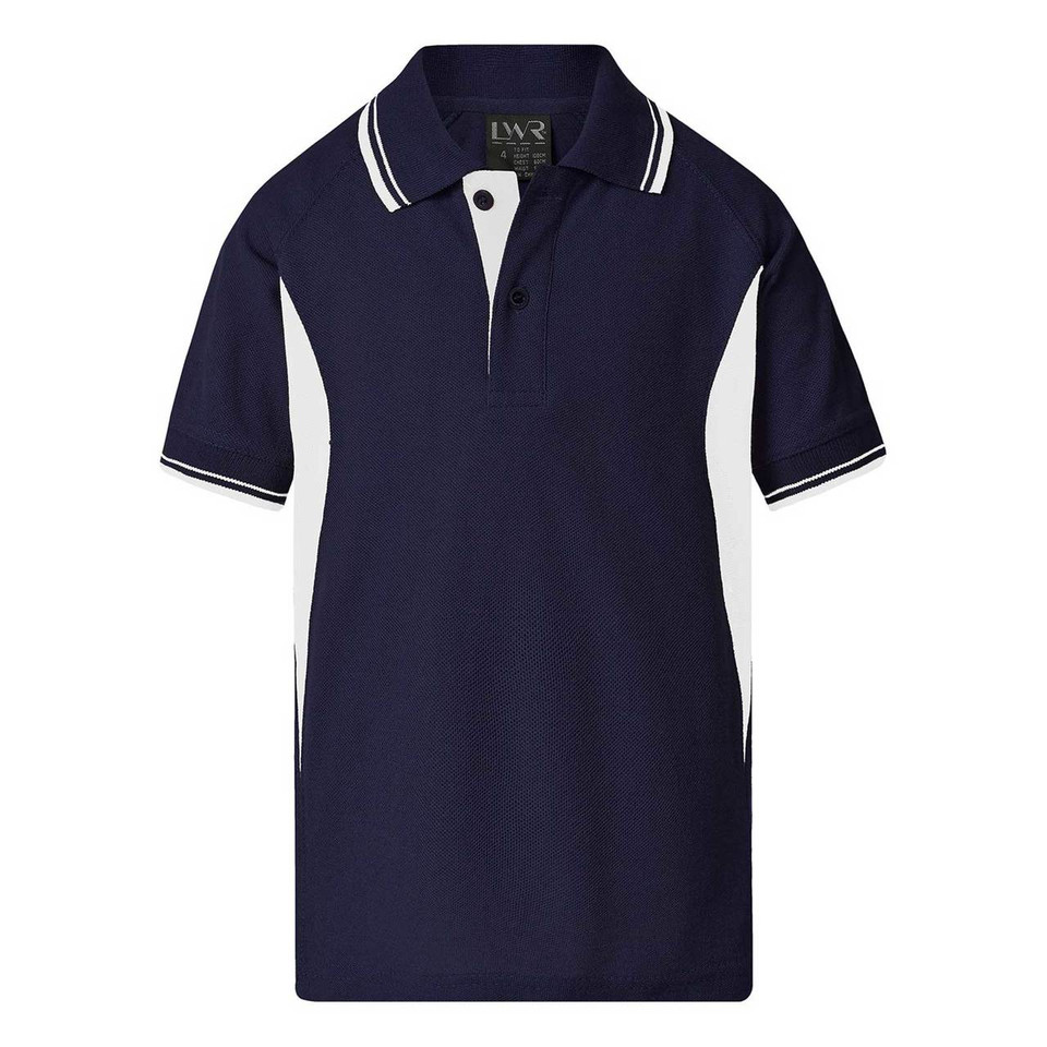 Navy polo with white contrast side panels and tipped collar featuring raglan sleeves