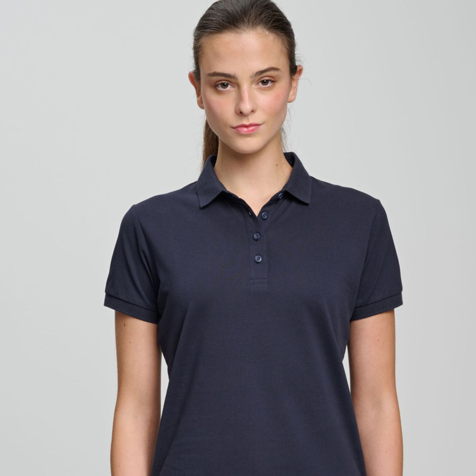 Women's navy polo shirt with collar and three-button placket in soft cotton pique fabric