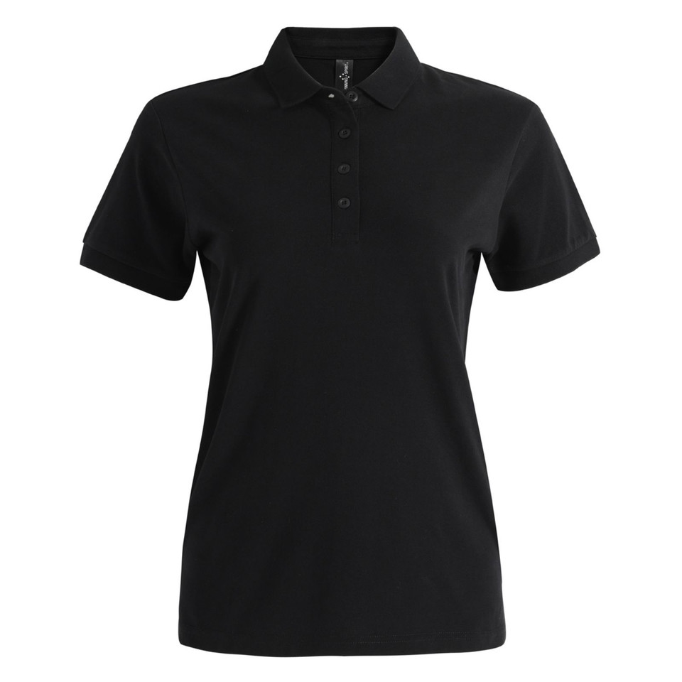 Black cotton pique polo shirt with short sleeves, collar and button placket in women's fit