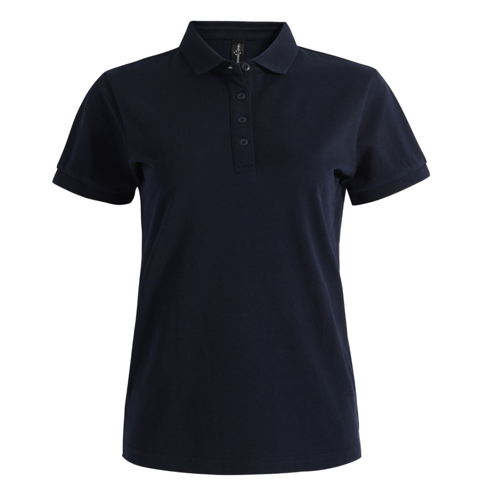 Navy blue women's polo shirt with short sleeves, matching collar and three-button placket