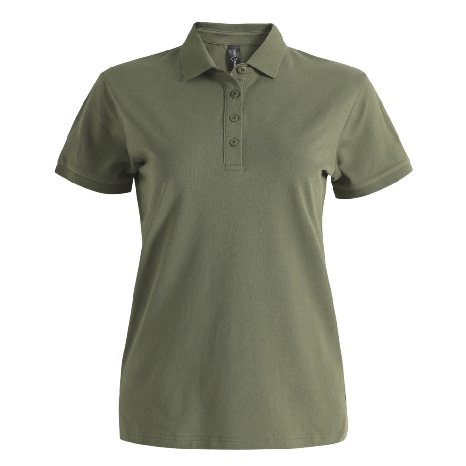 Sage green ladies polo shirt with collar and four-button placket in cotton pique