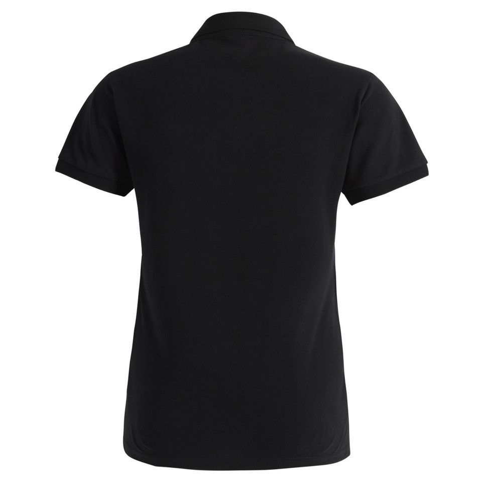 Black women's polo shirt with collar and short sleeves, rear view showing smooth flat back panel
