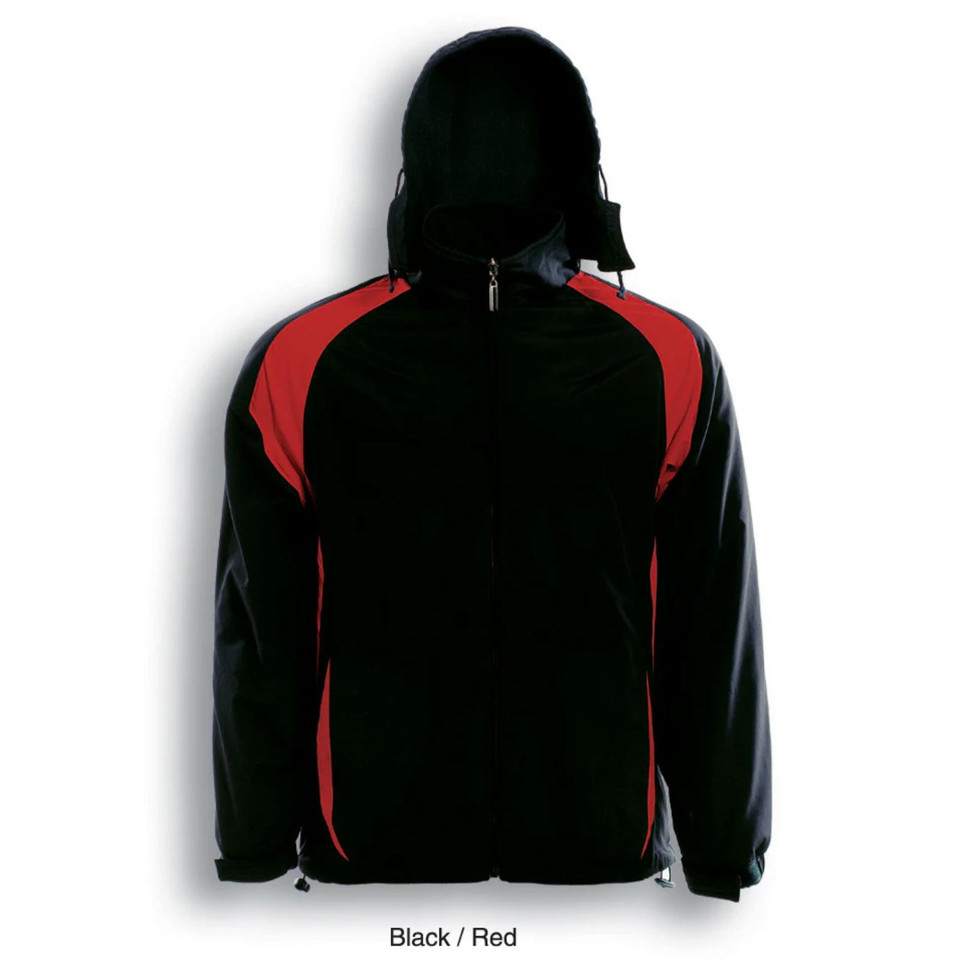 Black and red reversible polar fleece jacket with hood shown from back with contrast shoulder panels and side piping