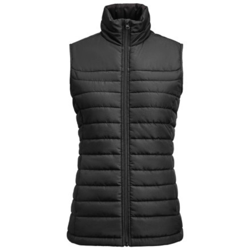 Women's black quilted padded vest with stand collar, full-length zip and horizontal baffle panelling