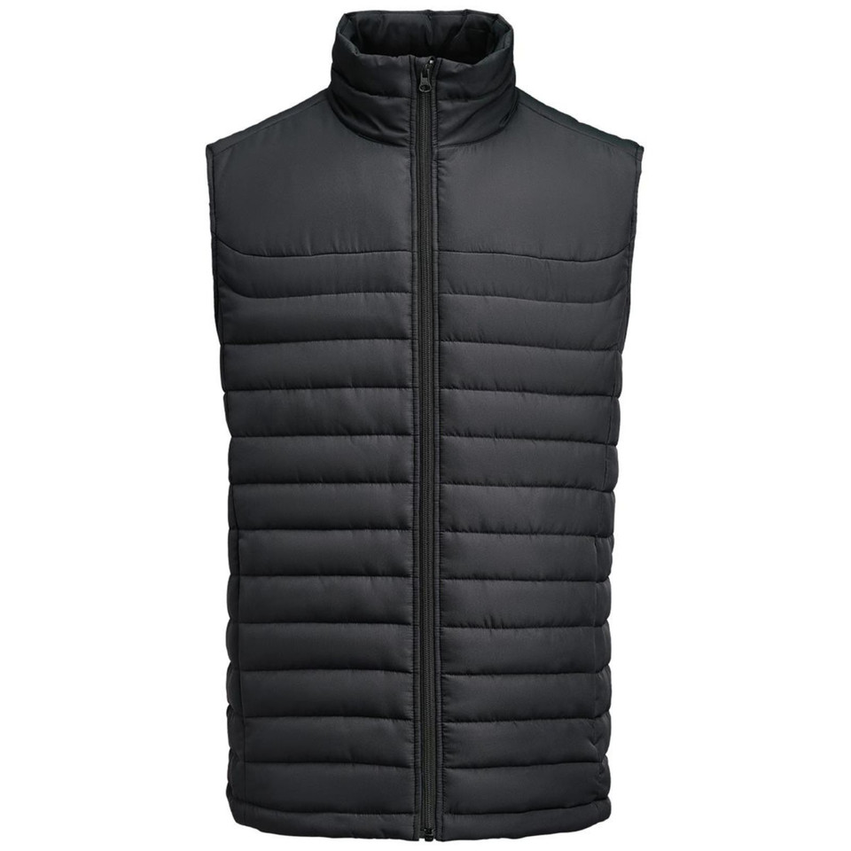 Charcoal grey quilted puffer vest with full-length zip and stand collar showing horizontal channel stitching