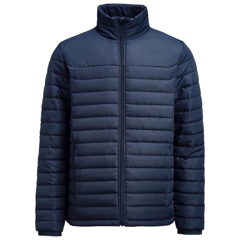 Navy blue mens padded jacket with quilted body, smooth yoke panels, stand collar and full-length zip