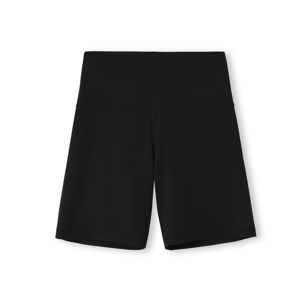 Black high-waisted legging shorts with wide elastic waistband and fitted silhouette