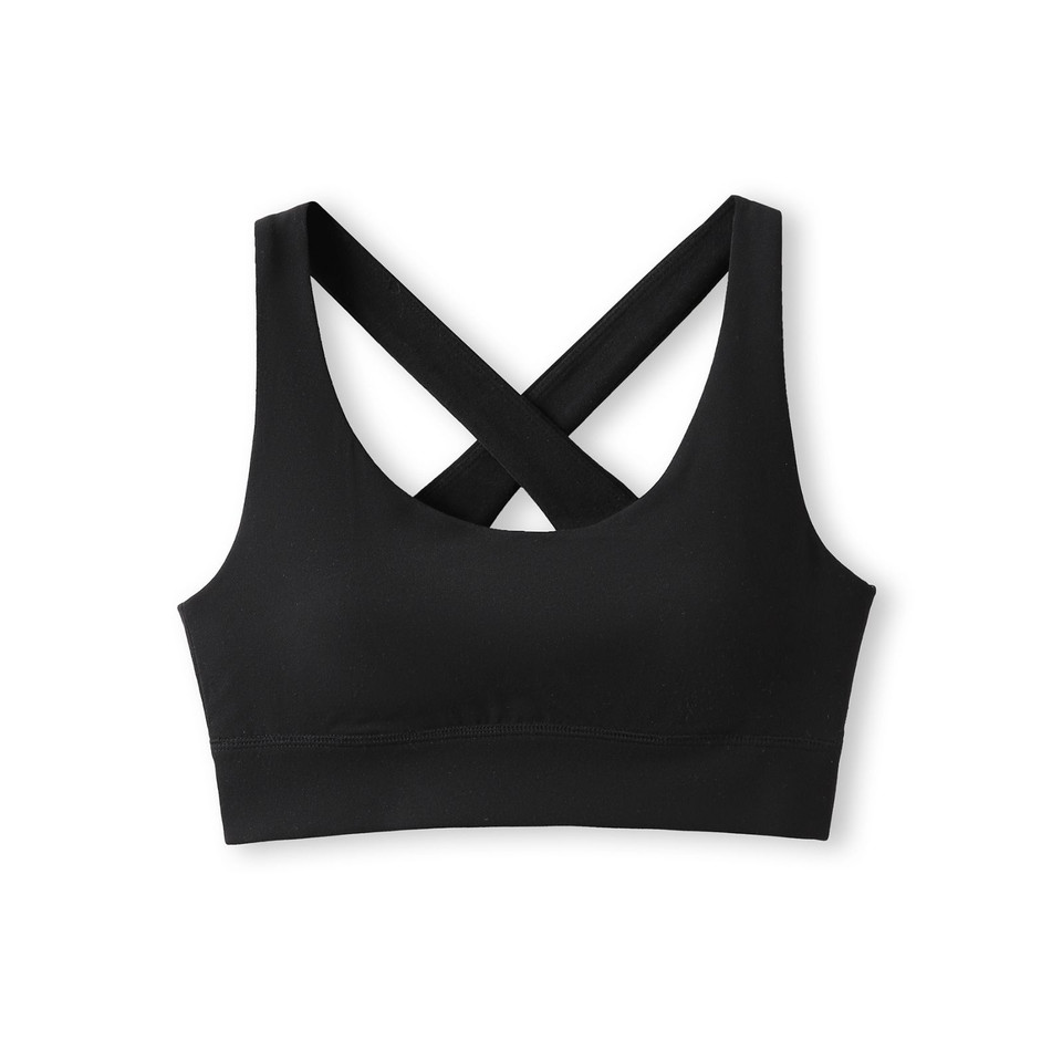Black sports bra with cross-back straps and scoop neckline