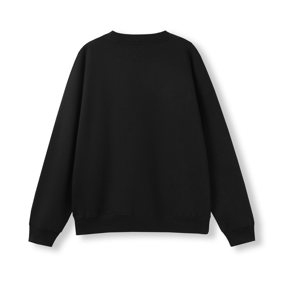 Black oversized crew neck sweater with ribbed cuffs and hem, flat lay back view showing broad shoulder panels
