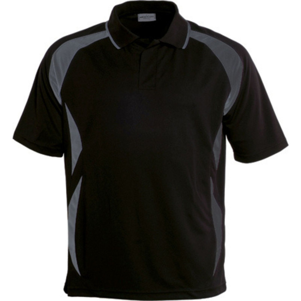 Black sports polo with charcoal grey contrast shoulder and side panels
