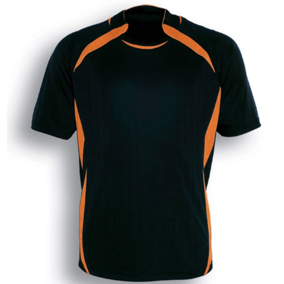 Black kids sports jersey with orange contrast panels on shoulders and sides